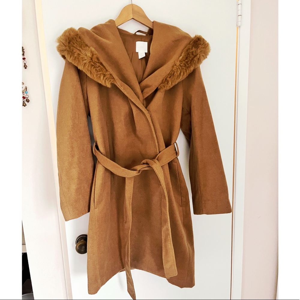 Belted coat with fur lined collar